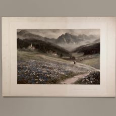 Incisione con paesaggio acquerellata a mano